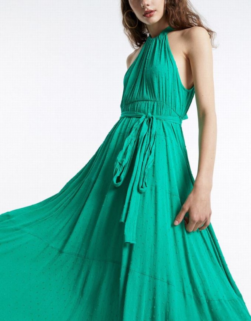 Urban Revivo Halter Belted Sleeveless Maxi Women's Maxi Dress Green | SGKXPZB-16