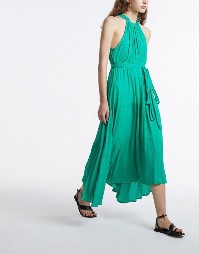 Urban Revivo Halter Belted Sleeveless Maxi Women's Maxi Dress Green | SGKXPZB-16