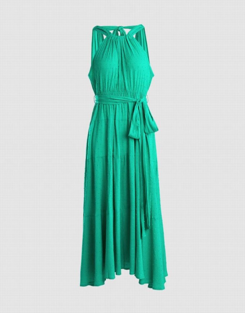 Urban Revivo Halter Belted Sleeveless Maxi Women\'s Maxi Dress Green | SGKXPZB-16