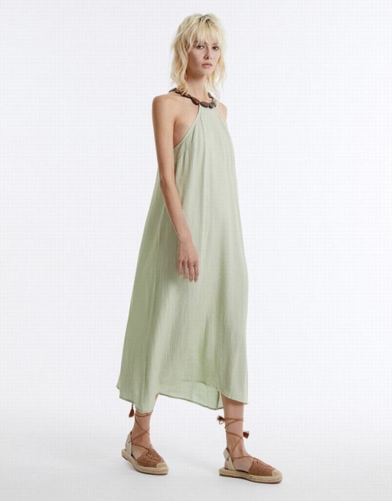 Urban Revivo Halter Midi Women's Midi Dress Green | QJIMPFZ-46