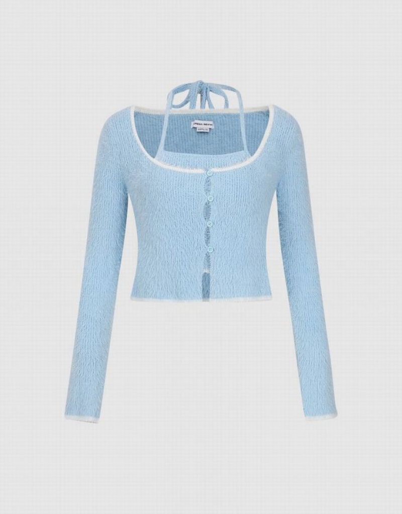 Urban Revivo Halter Neck 2 In 1 Knitted Women's Cardigan Blue | STVFKXI-25