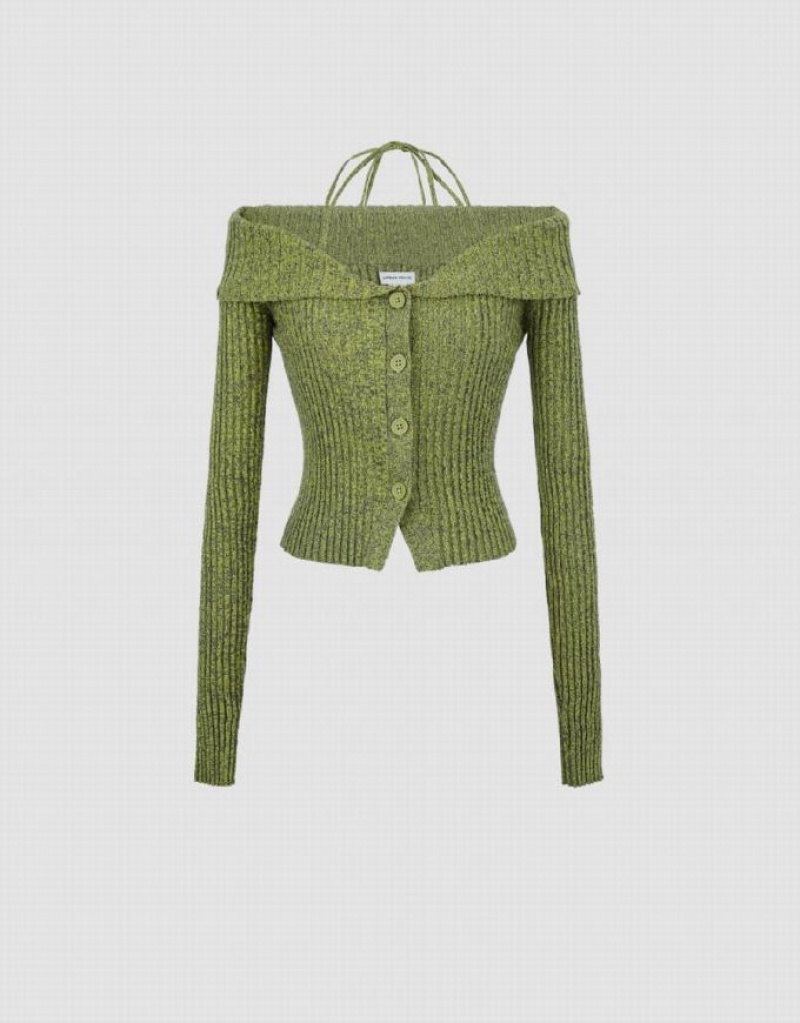 Urban Revivo Halter Neck Off-Shoulder Knitted Women's Cardigan Green | UYPJRBH-10