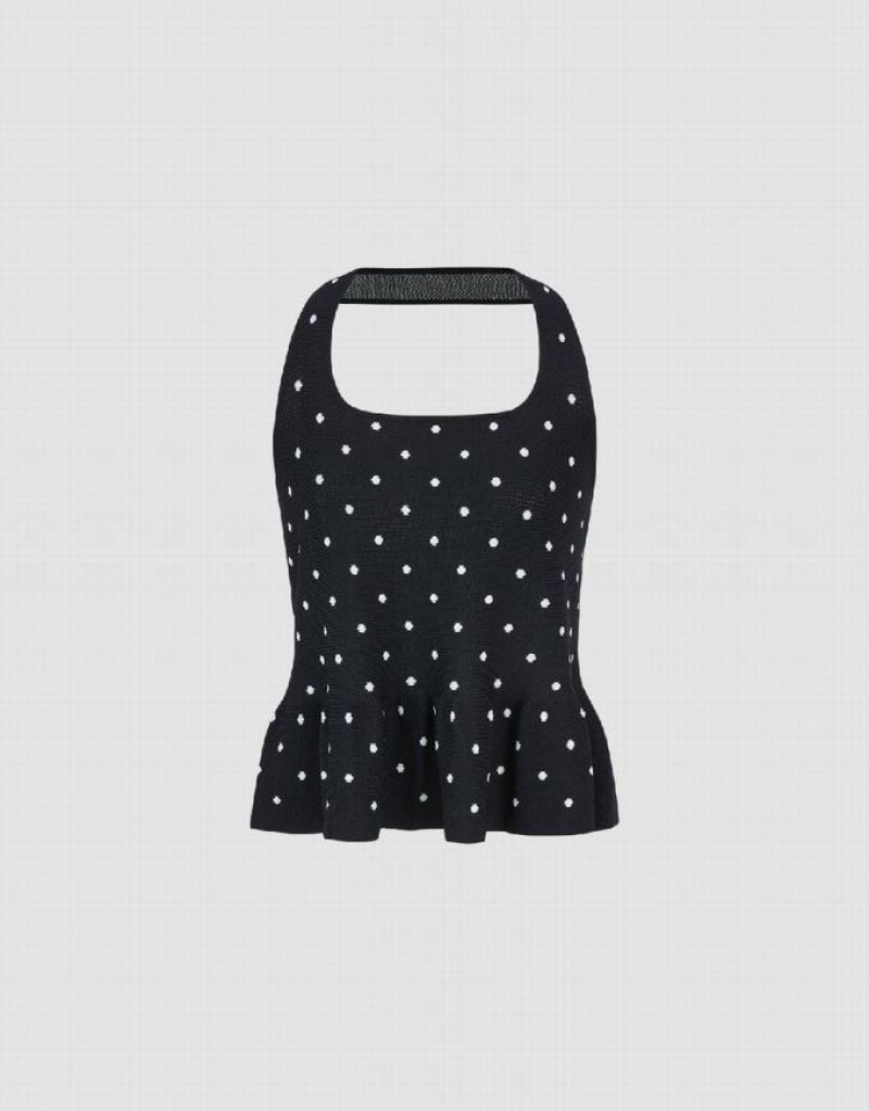 Urban Revivo Halter Neck Polka Dot Knitted Top Women's Cardigan Black | CFQYAWT-46