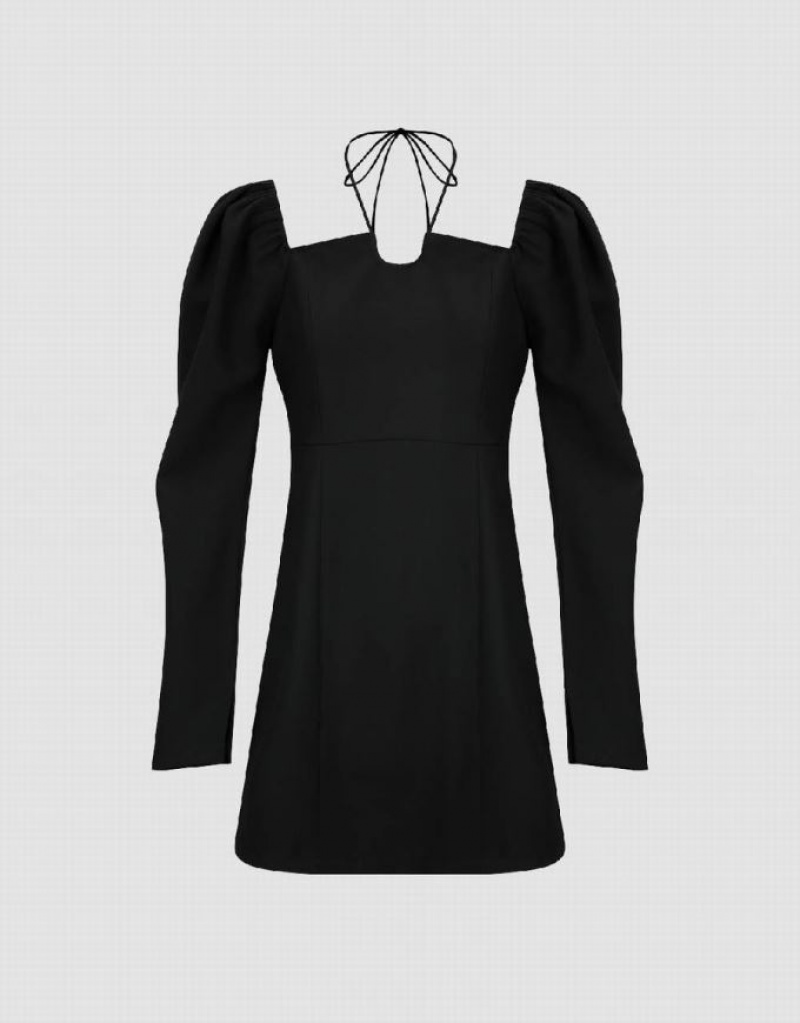 Urban Revivo Halter Neck Puff Sleeve Off-Shoulder Skater Women's Short Dress Black | QFBLGUC-79