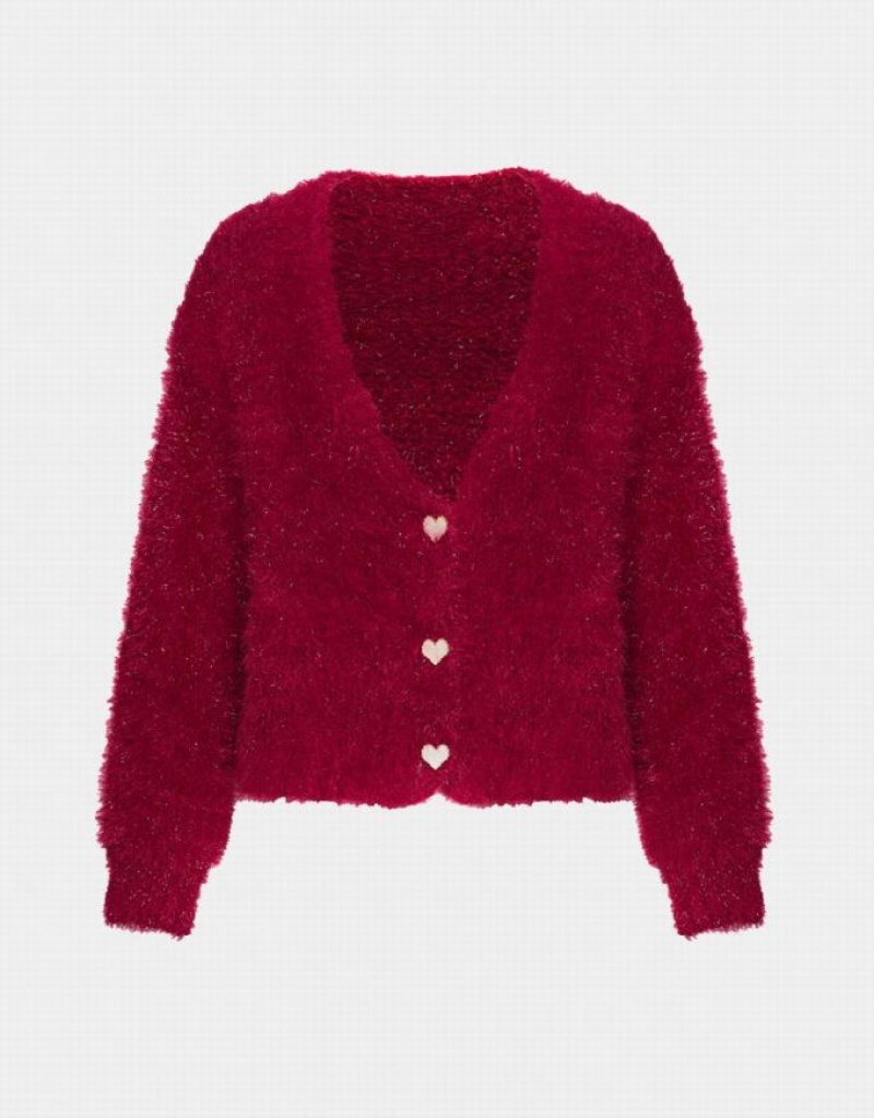 Urban Revivo Heart Button Fluffy Women\'s Cardigan Red | GTIHKFU-97