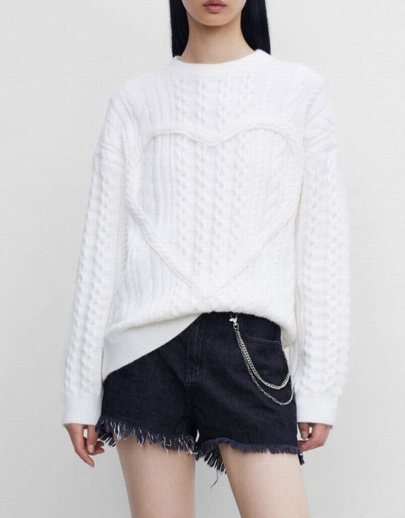 Urban Revivo Heart Cable Knit Women's Sweaters White | RTCPZFB-29