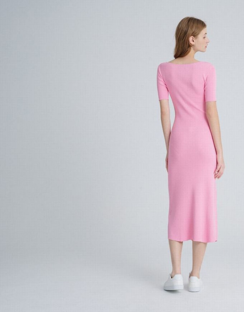 Urban Revivo Heart Cut Out Ribbed Women's Knitted Dress Pink | ODZVHNW-06