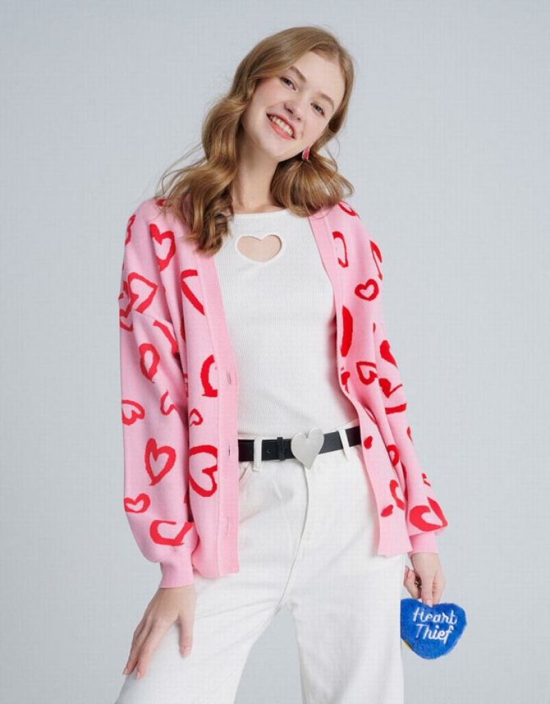 Urban Revivo Heart Pattern Jacquard Button Up Oversized Women's Cardigan Pink | FPRGBLT-63