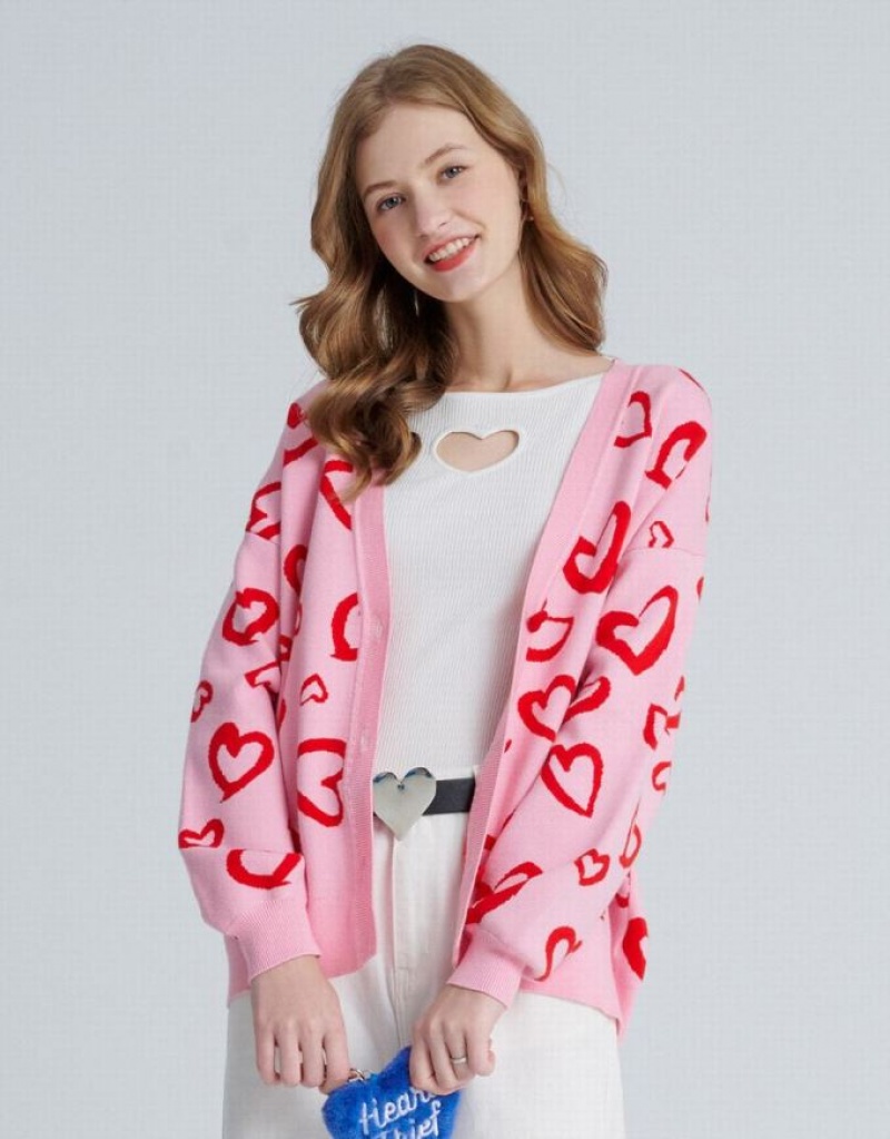 Urban Revivo Heart Pattern Jacquard Button Up Oversized Women's Cardigan Pink | FPRGBLT-63