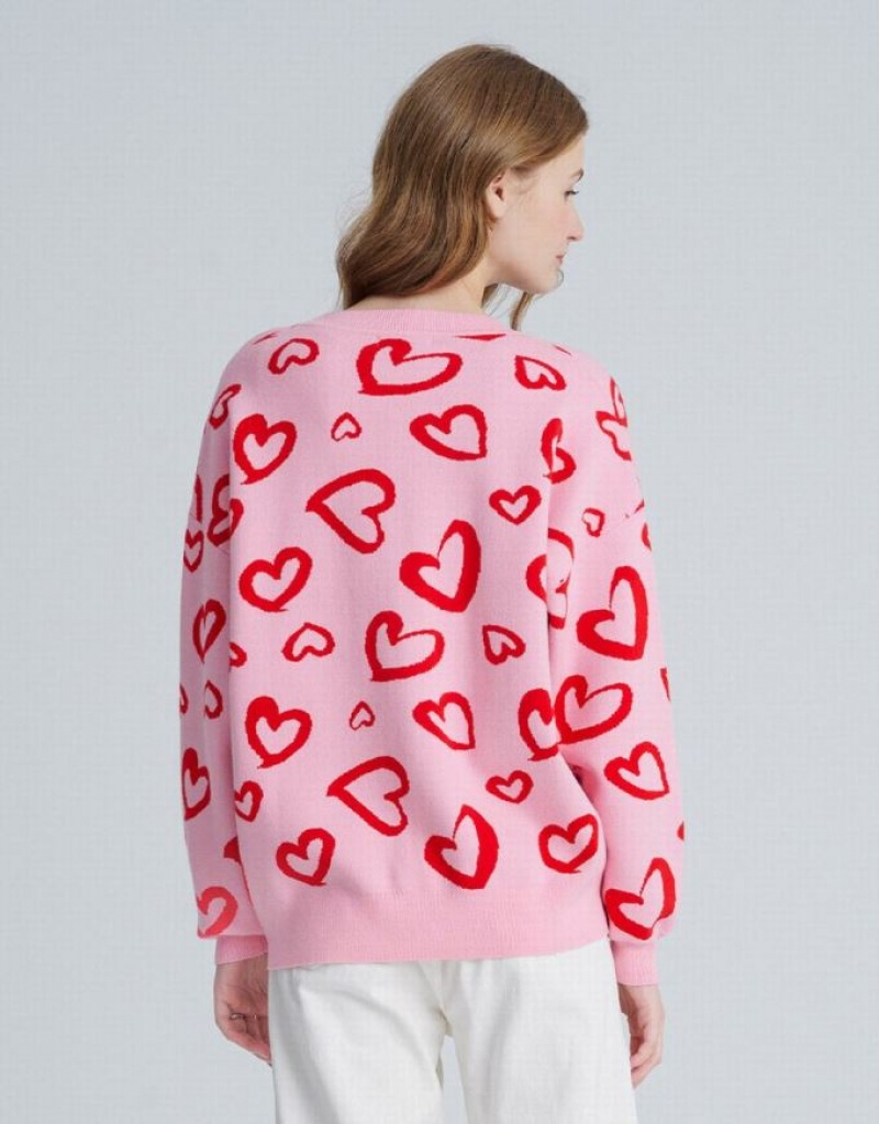 Urban Revivo Heart Pattern Jacquard Button Up Oversized Women's Cardigan Pink | FPRGBLT-63