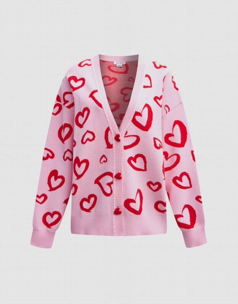 Urban Revivo Heart Pattern Jacquard Button Up Oversized Women\'s Cardigan Pink | FPRGBLT-63