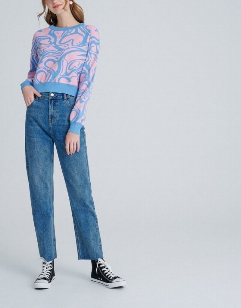 Urban Revivo Heart Pattern Jacquard Women's Sweaters Pink / Blue | FXSPDJE-49