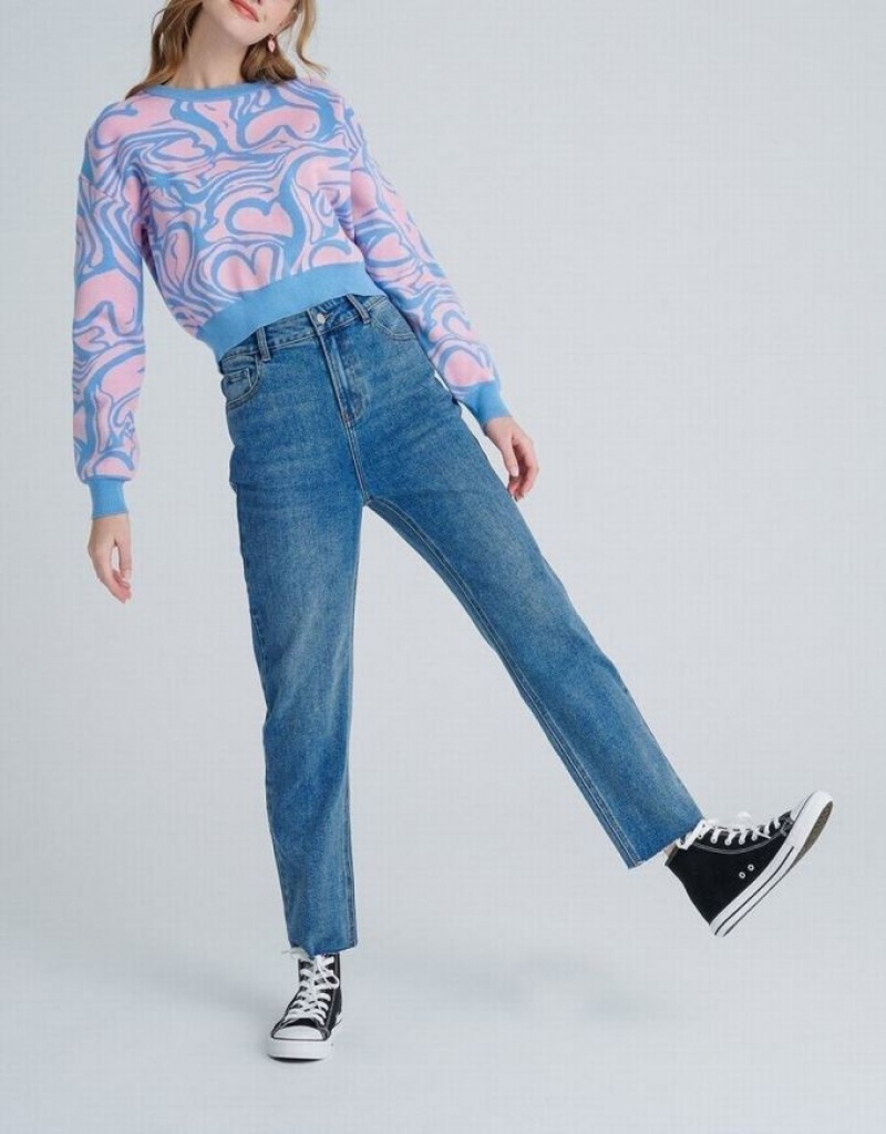 Urban Revivo Heart Pattern Jacquard Women's Sweaters Pink / Blue | FXSPDJE-49