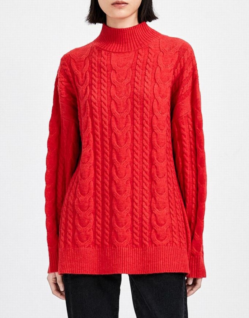 Urban Revivo High Neck Cable Knit Holiday Women's Sweaters Red | GNVLIBT-58