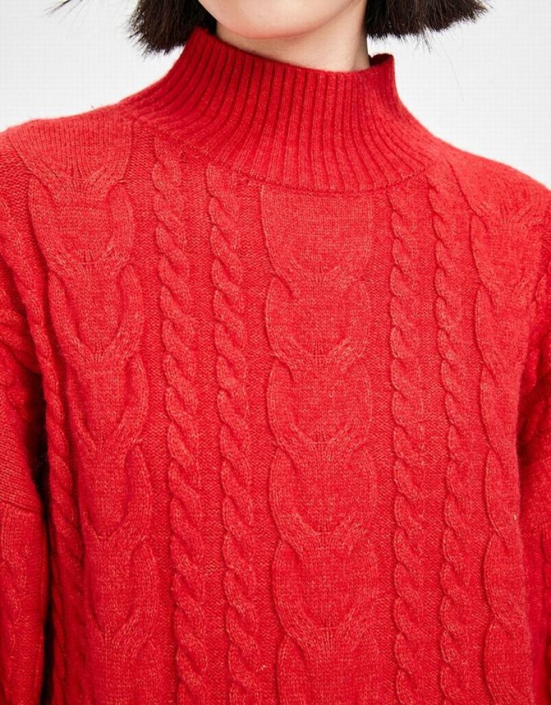 Urban Revivo High Neck Cable Knit Holiday Women's Sweaters Red | GNVLIBT-58