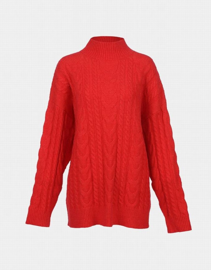 Urban Revivo High Neck Cable Knit Holiday Women\'s Sweaters Red | GNVLIBT-58