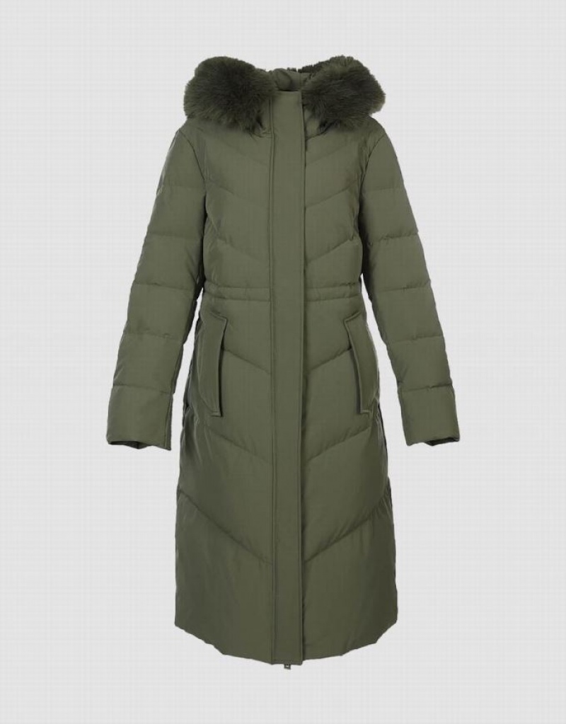 Urban Revivo Hooded A-Line With Detachable Furry Collar Women's Down Jackets Green | VUZPXST-94