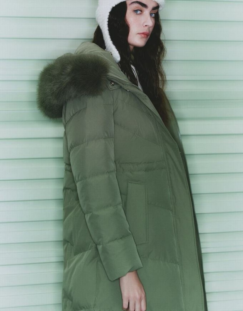 Urban Revivo Hooded A-Line With Detachable Furry Collar Women's Down Jackets Green | VUZPXST-94