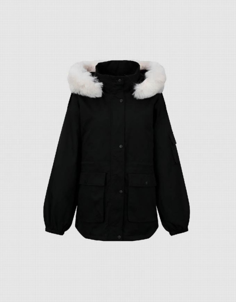 Urban Revivo Hooded Padded With Furry Collar Women's Coats Black | DVXSQOR-04