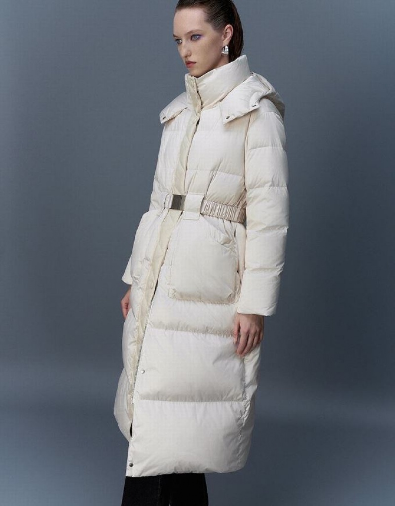 Urban Revivo Hooded Skater With Belt Women's Down Jackets White | QOTAFNU-82