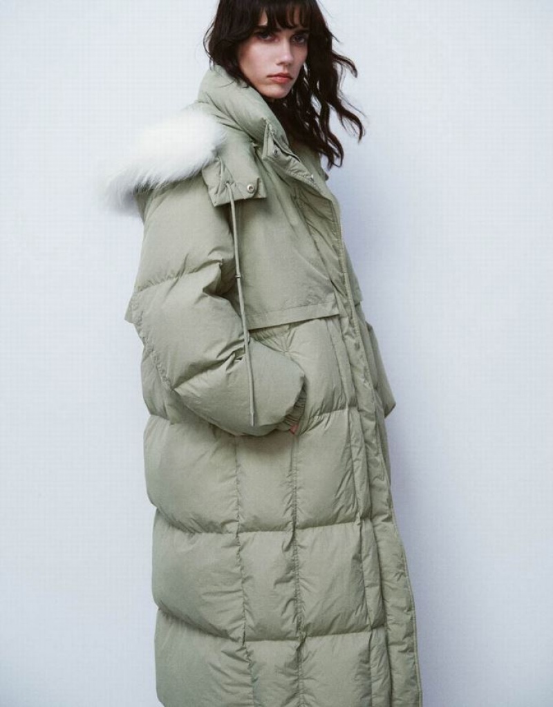 Urban Revivo Hooded Straight Women's Down Jackets Green | FXGDWSE-78