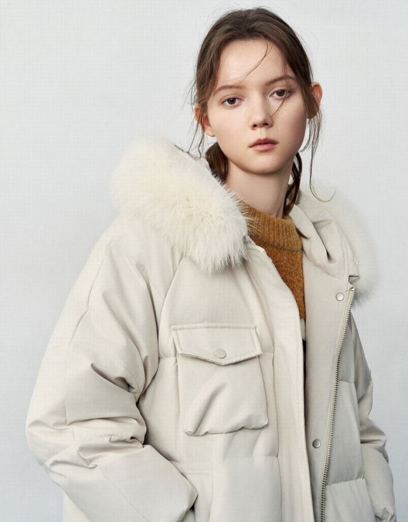 Urban Revivo Hooded With Furry Collar Women's Down Jackets White | RNTYPDX-06