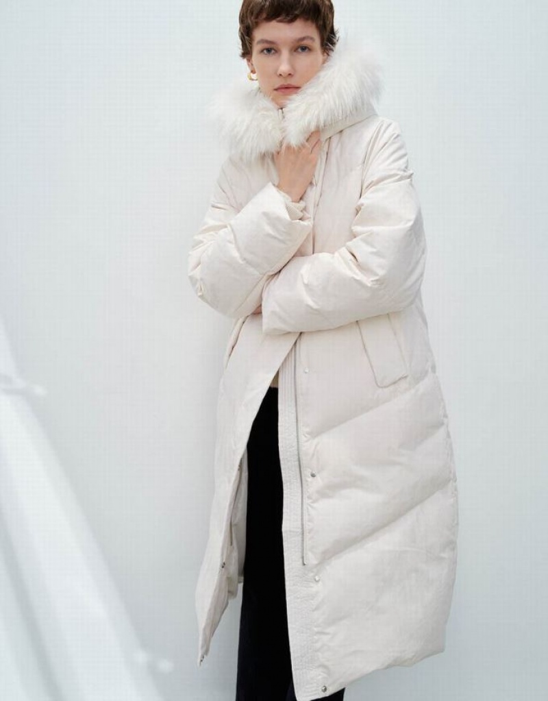 Urban Revivo Hoodie With Furry Collar Women's Down Jackets White | JCIPLWY-89