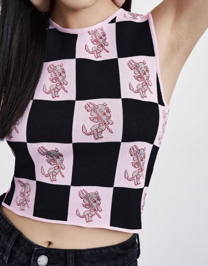 Urban Revivo Hot Stuff Checkered Knitted Women's Tank Top Pink / Black | VNSTFIA-17