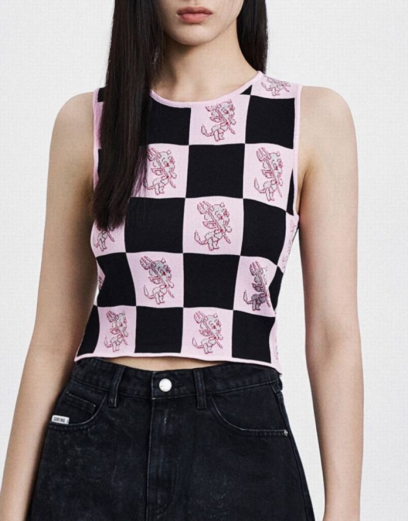 Urban Revivo Hot Stuff Checkered Knitted Women's Tank Top Pink / Black | VNSTFIA-17