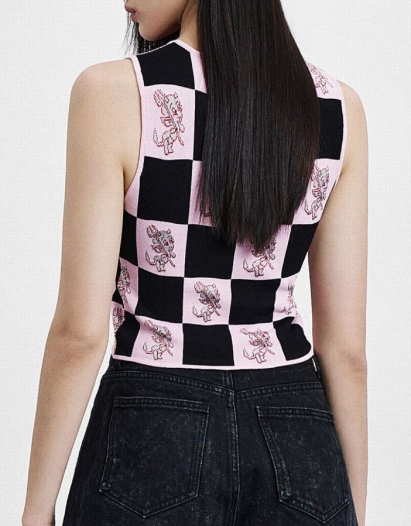 Urban Revivo Hot Stuff Checkered Knitted Women's Tank Top Pink / Black | VNSTFIA-17