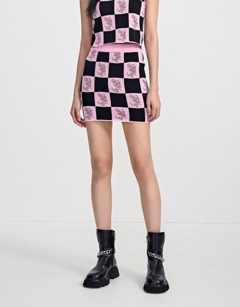 Urban Revivo Hot Stuff Checkered Knitted Women's Skirts Pink | HEKJCMP-46