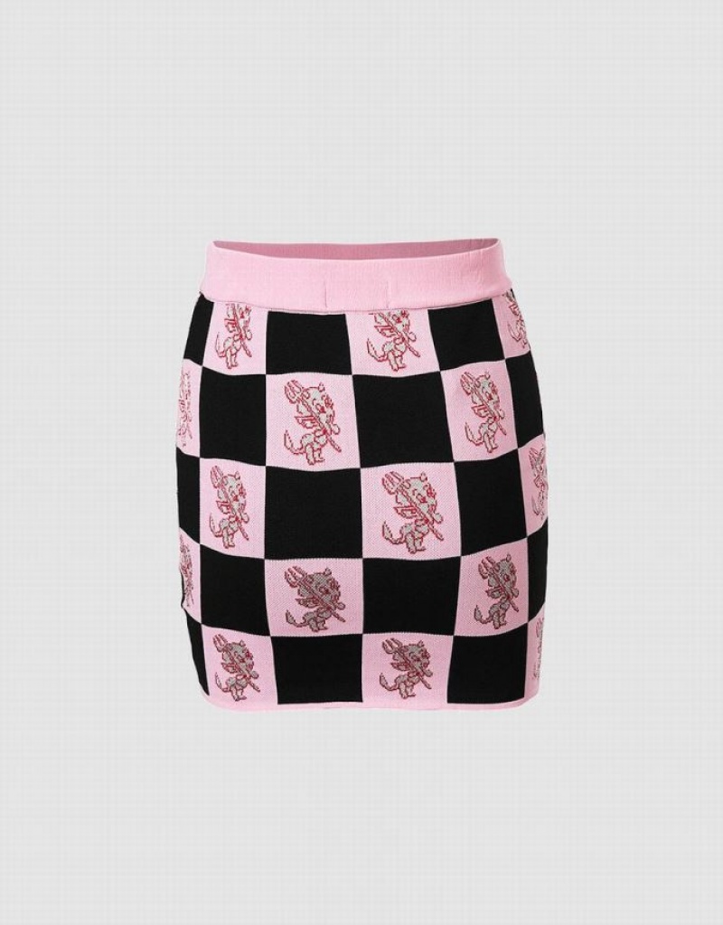 Urban Revivo Hot Stuff Checkered Knitted Women's Skirts Pink | HEKJCMP-46