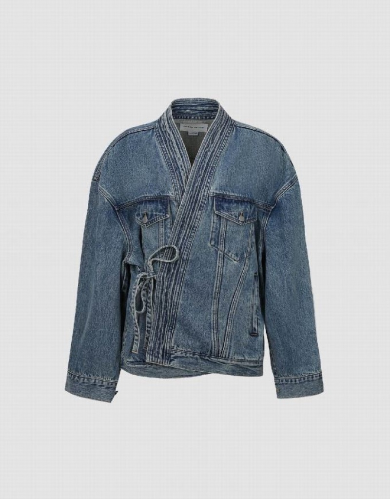 Urban Revivo Kimono Lapel Men's Denim Jackets Blue | YORNKWM-35