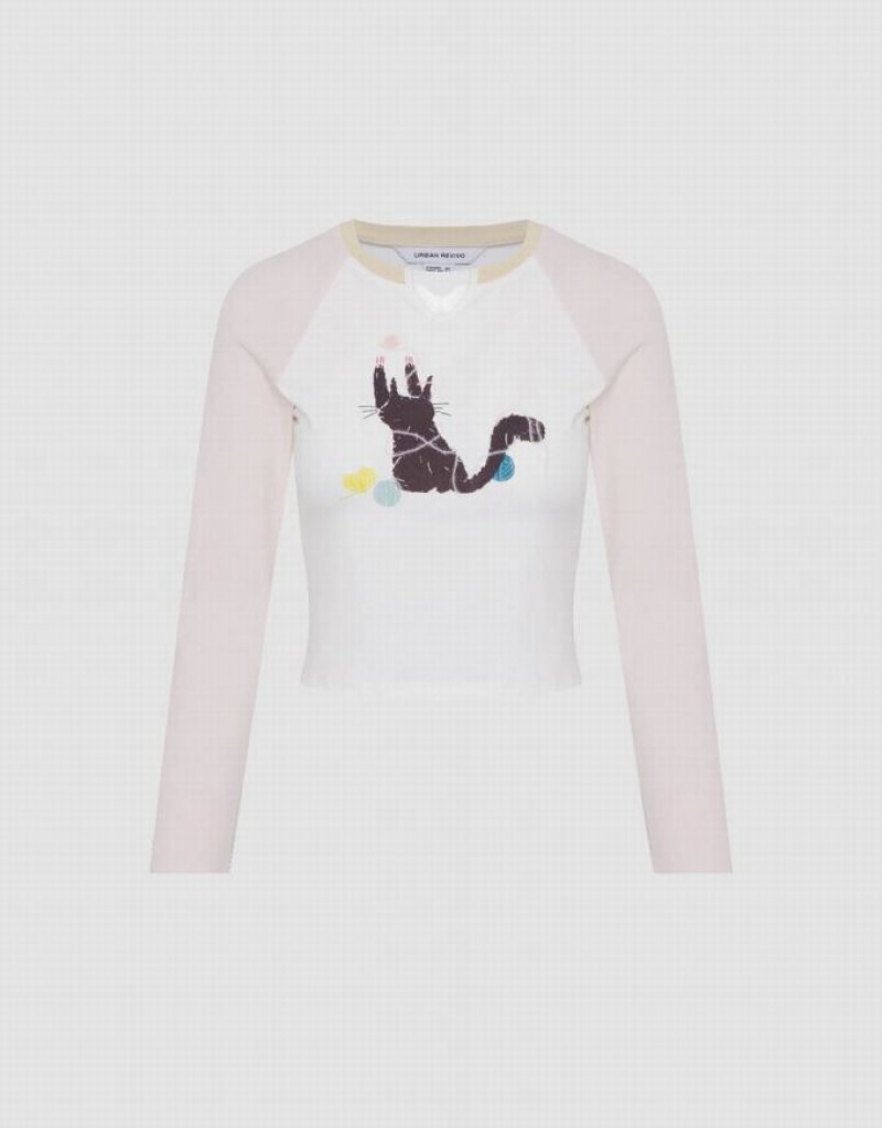 Urban Revivo Kitty Printed Raglan Sleeve Skinny Women's T-Shirts White | XDPWUKV-58