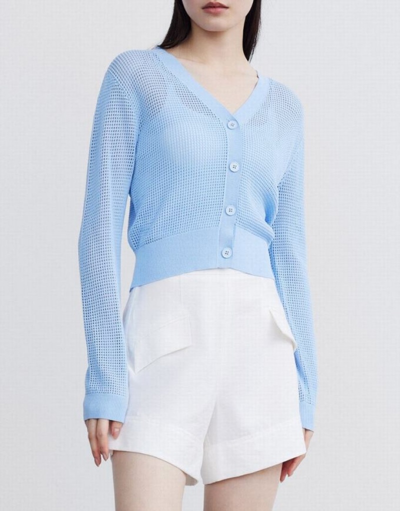 Urban Revivo Knitted Button Up Women's Cardigan Blue | XZQPMWG-27