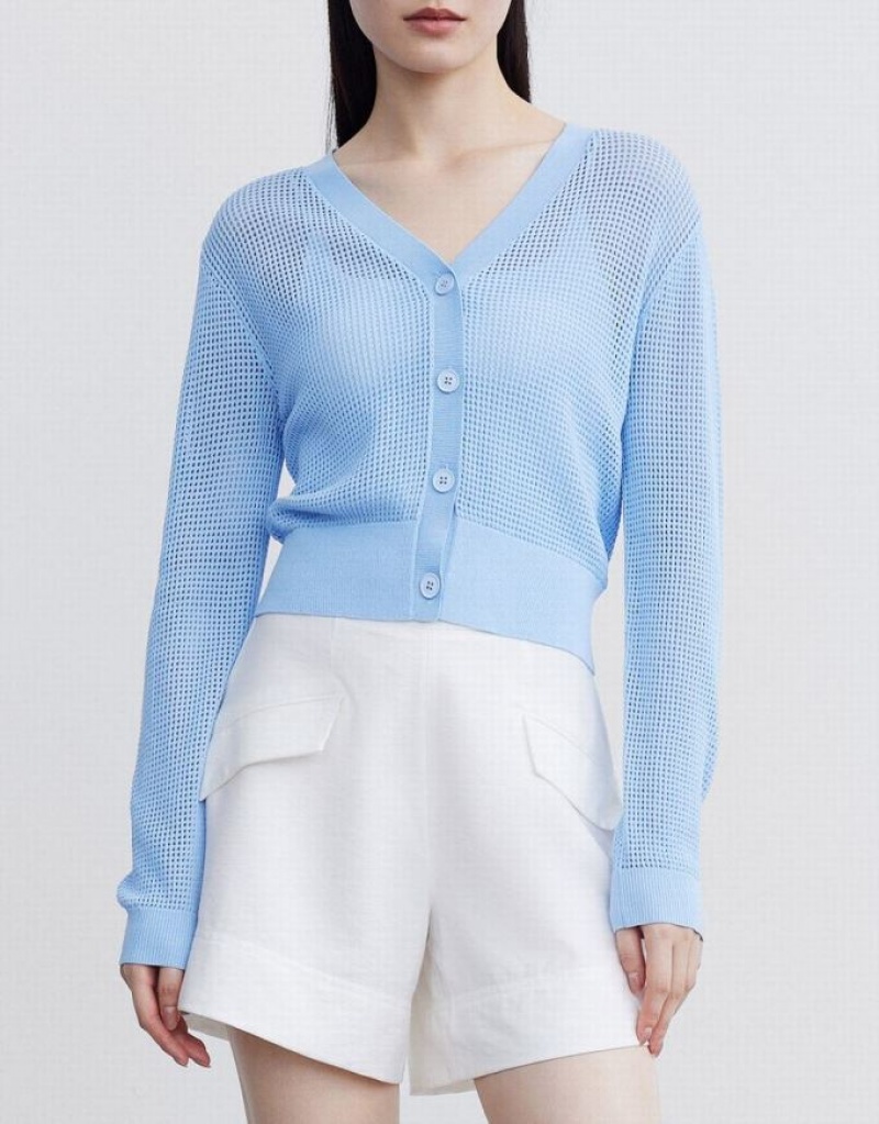 Urban Revivo Knitted Button Up Women's Cardigan Blue | XZQPMWG-27