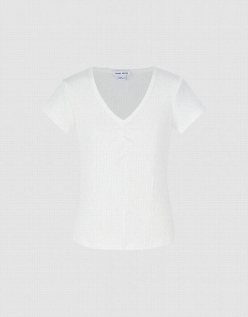 Urban Revivo Knitted V-Neck Skinny Women's T-Shirts White | HWDTOGM-46