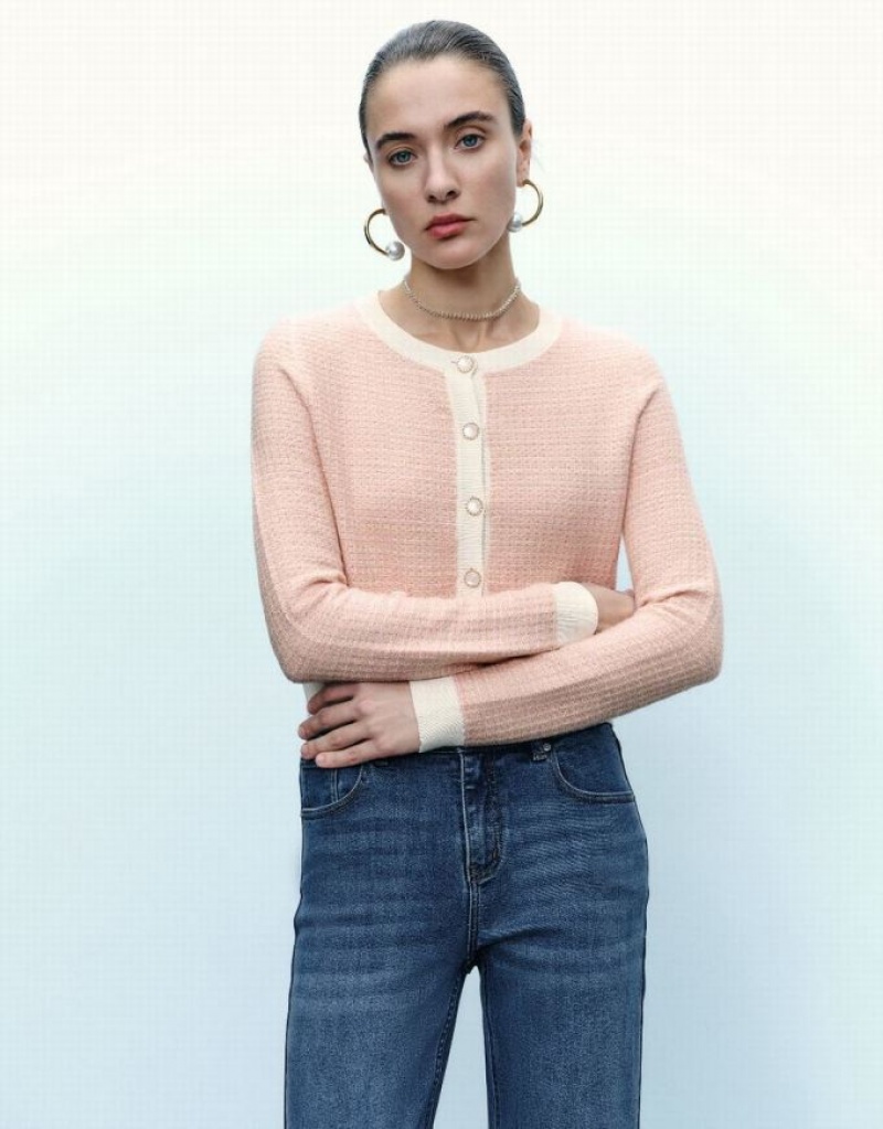 Urban Revivo Knitted With Faux Pearl Buttons Women's Cardigan Pink | IJCDVEN-10