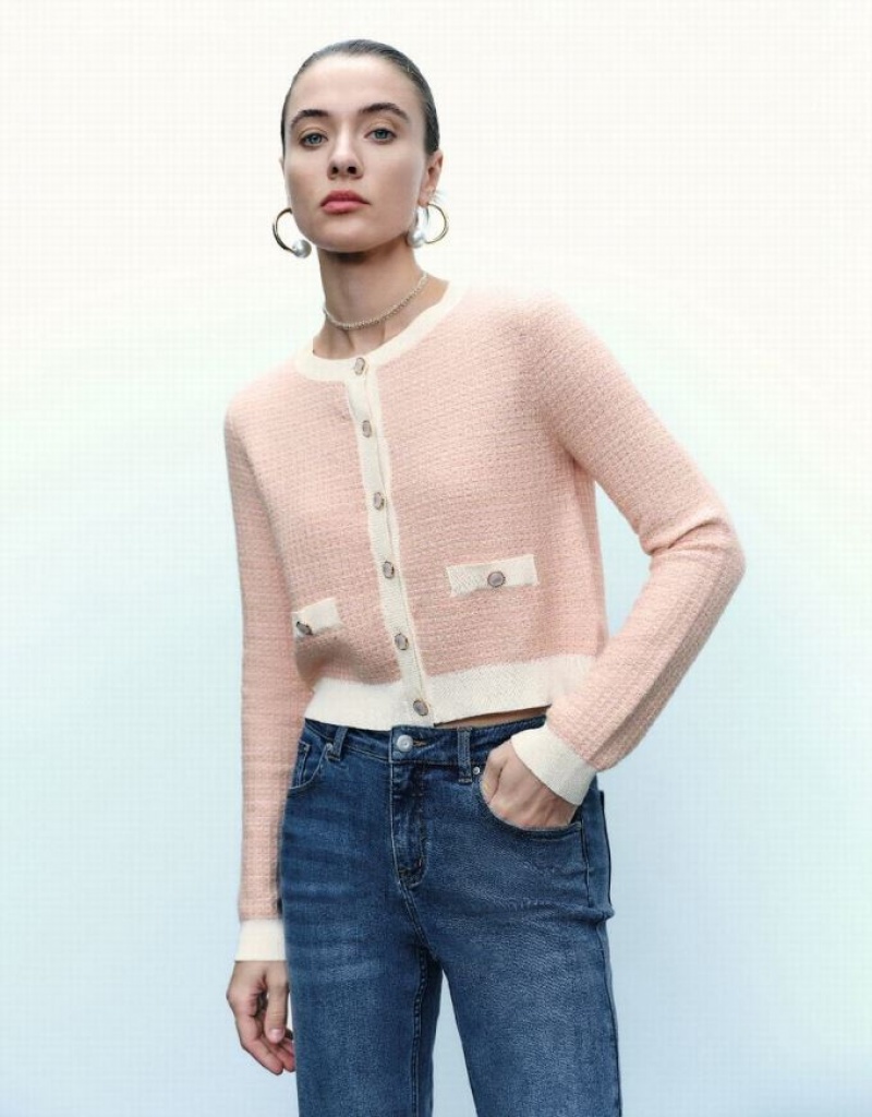 Urban Revivo Knitted With Faux Pearl Buttons Women\'s Cardigan Pink | IJCDVEN-10