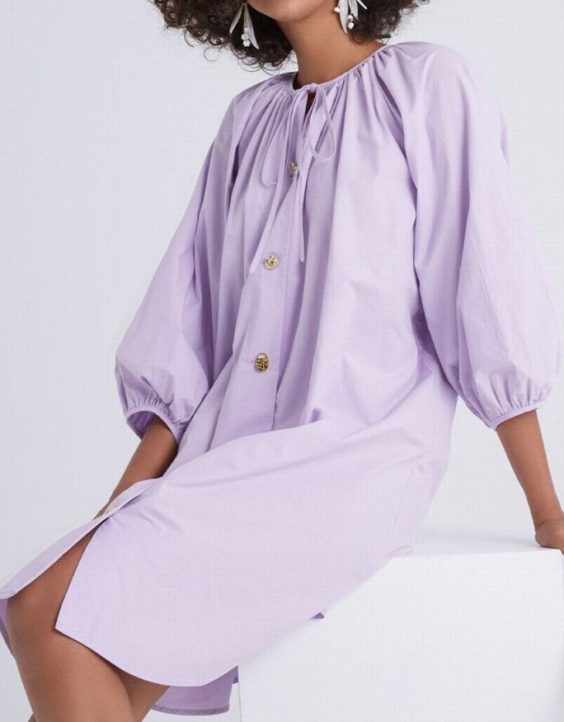 Urban Revivo Knot Front Button Up Crew Neck Women's Casual Dress Purple | WNFSRVD-74