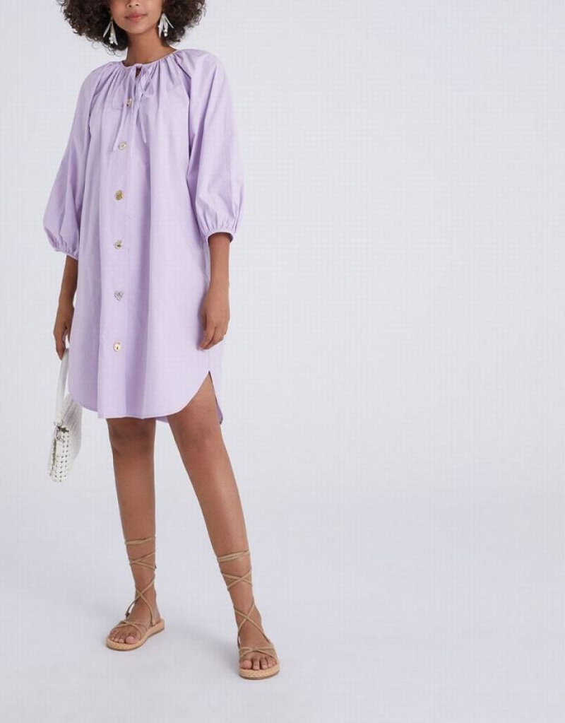 Urban Revivo Knot Front Button Up Crew Neck Women's Casual Dress Purple | WNFSRVD-74