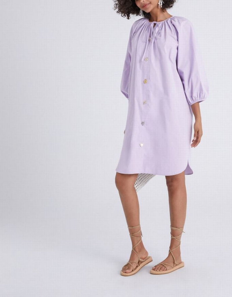 Urban Revivo Knot Front Button Up Crew Neck Women's Casual Dress Purple | WNFSRVD-74