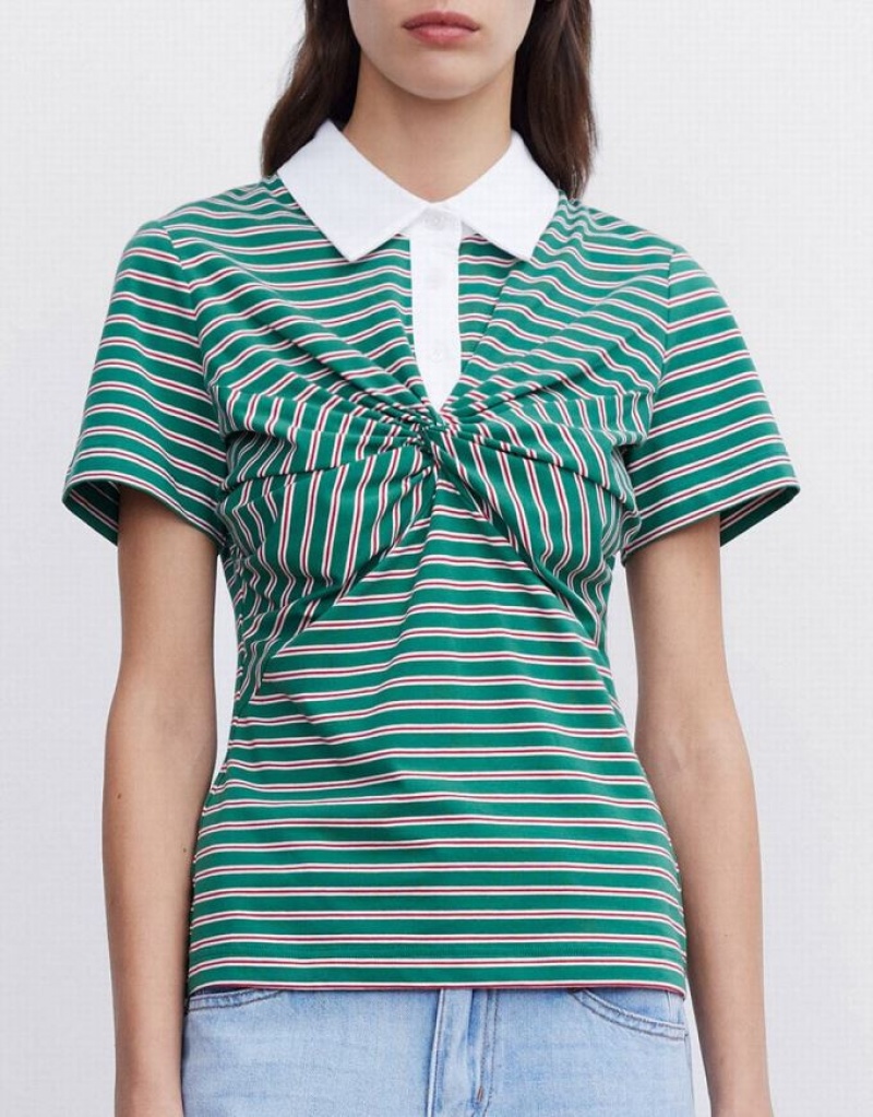 Urban Revivo Knotted Detail Striped Women's Polo Shirts Green | FUWCZNO-30