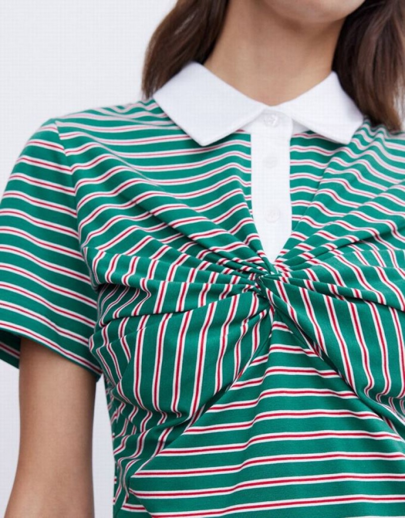 Urban Revivo Knotted Detail Striped Women's Polo Shirts Green | FUWCZNO-30