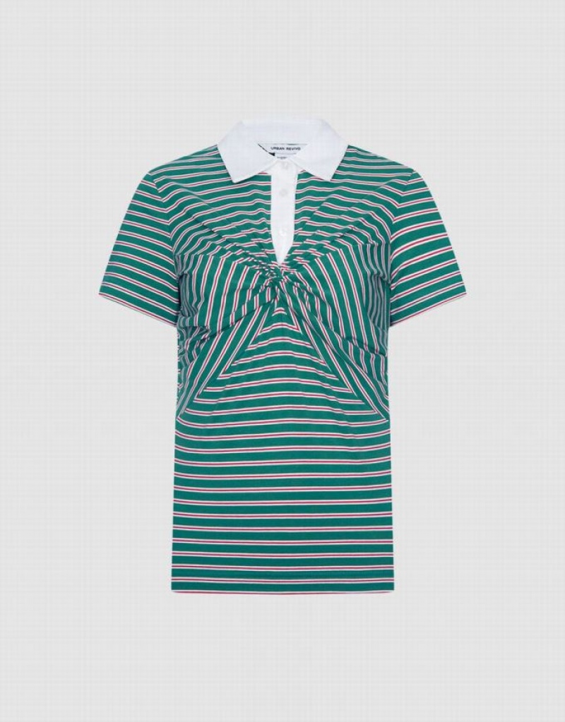 Urban Revivo Knotted Detail Striped Women\'s Polo Shirts Green | FUWCZNO-30