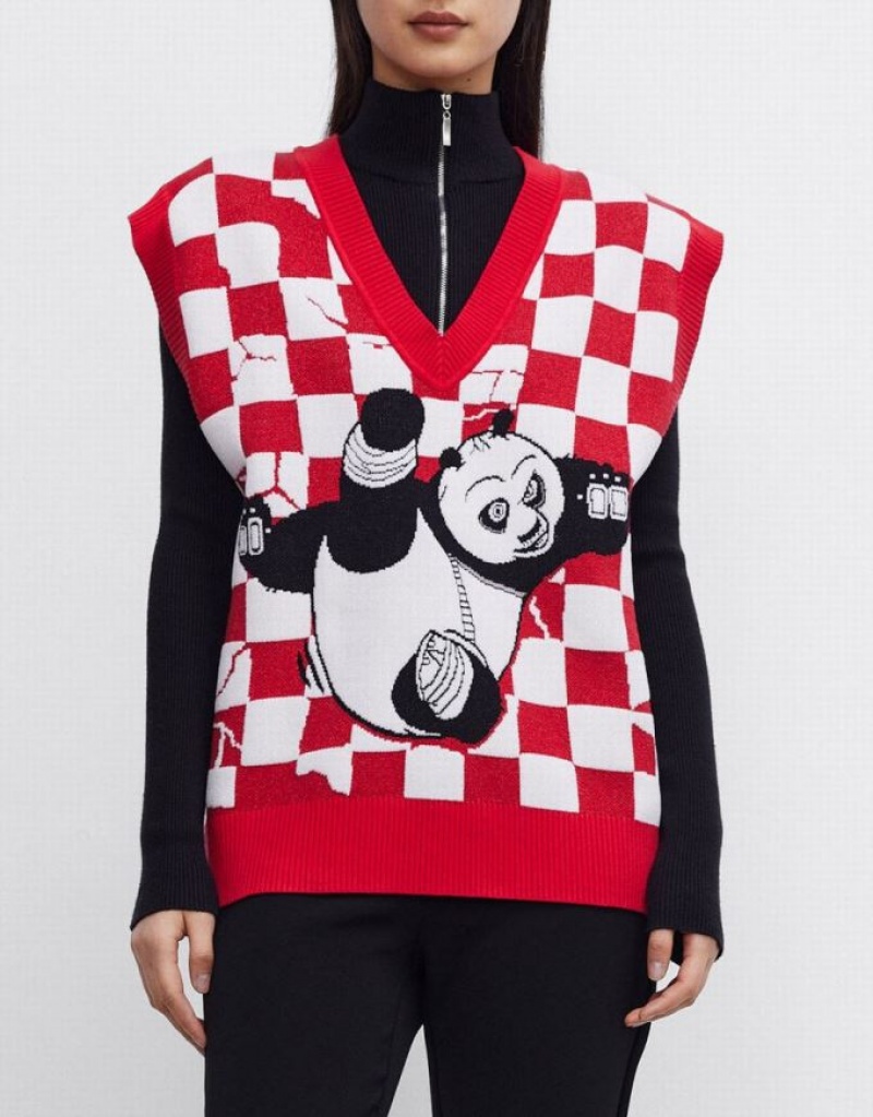 Urban Revivo Kung Fu Panda Checkered Women's Sweater Vest Red / White | QKAHDJN-72