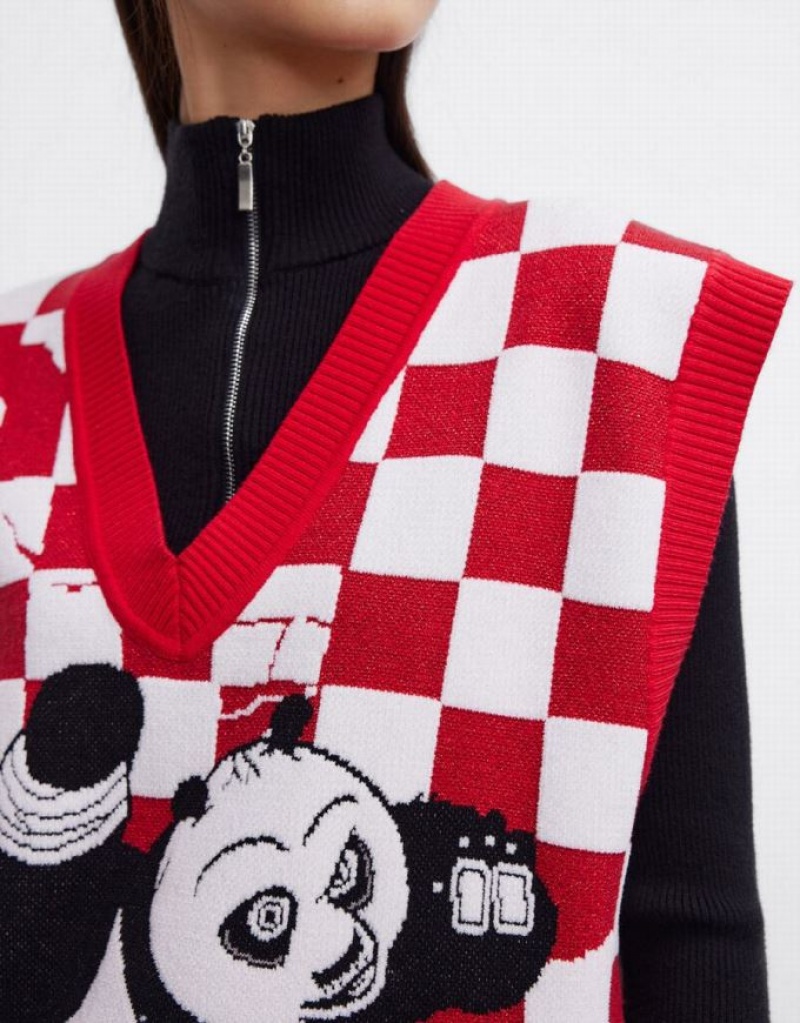 Urban Revivo Kung Fu Panda Checkered Women's Sweater Vest Red / White | QKAHDJN-72