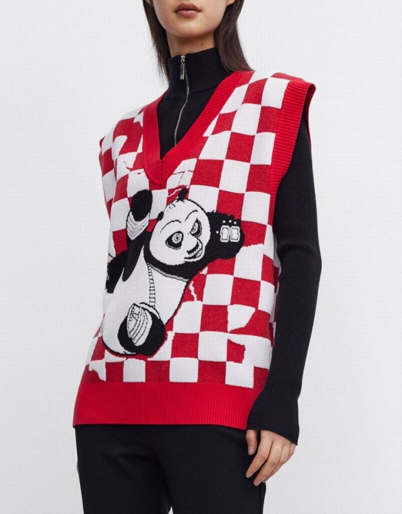 Urban Revivo Kung Fu Panda Checkered Women's Sweater Vest Red / White | QKAHDJN-72