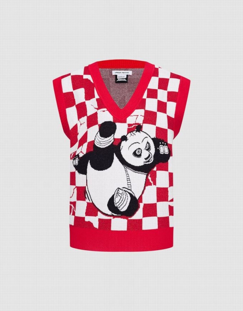 Urban Revivo Kung Fu Panda Checkered Women\'s Sweater Vest Red / White | QKAHDJN-72