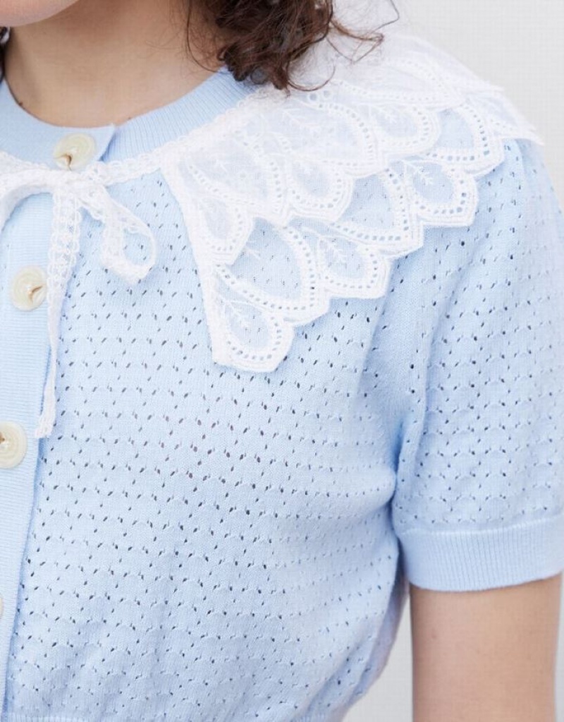 Urban Revivo Lace Collar Pointelle Button Up Women's Cardigan Blue | MJQUKSH-35